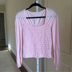 SUNDRY Pink Smocked Bodice Long Sleeve Pima Cotton Top Size XS